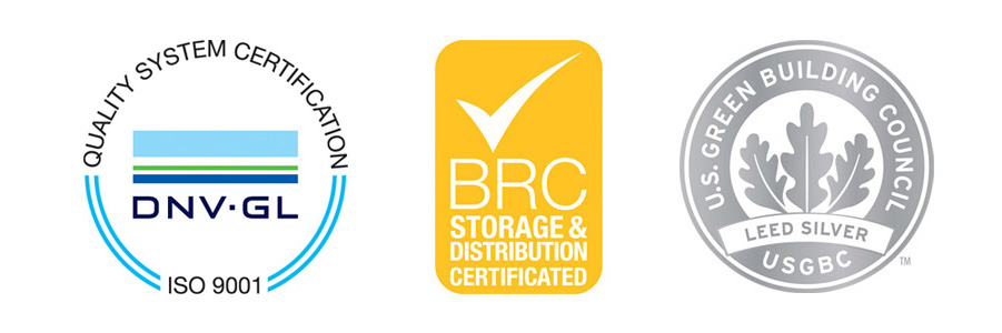 U.S. Green Building Council / Leed Silver - BRC Storage & Distribution Certificated - ISO 9001 SGS